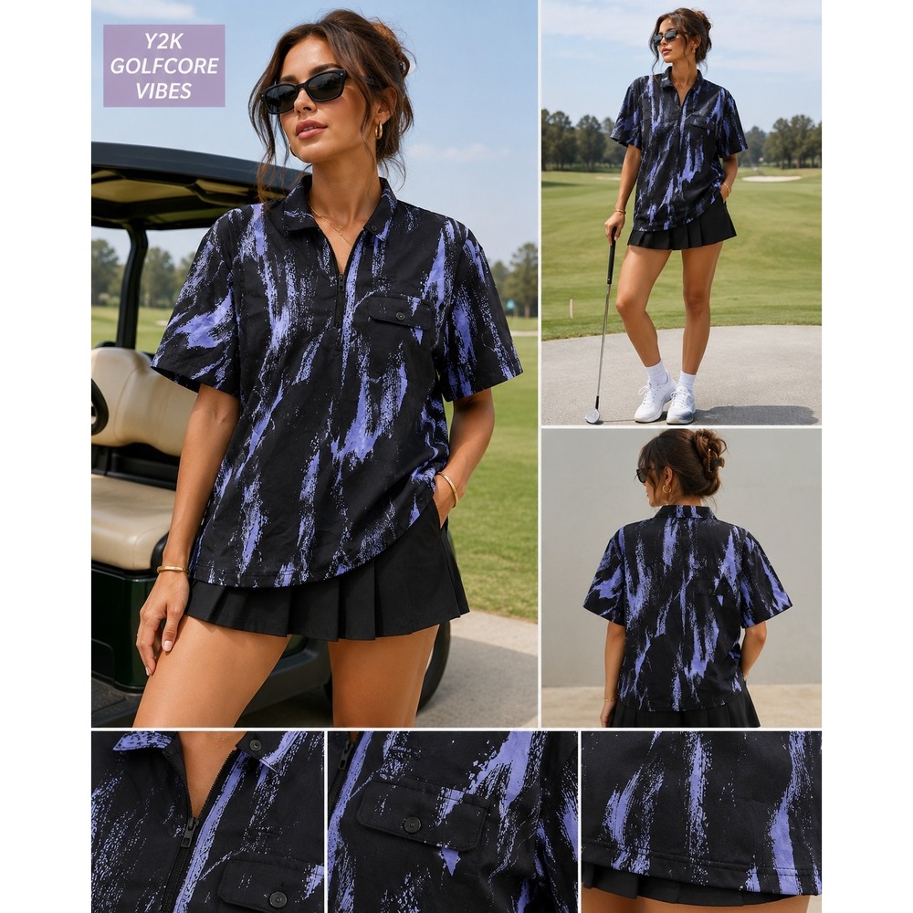Jamie Sadock Black Lavender Abstract Golf Pullover Shirt Oversized Y2K golfcore